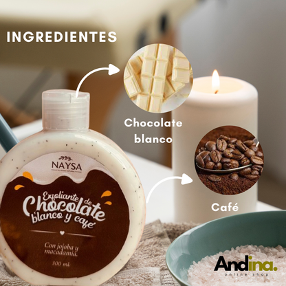 Exfoliante de chocolate blanco y café +  esponja expoliadora de regalo